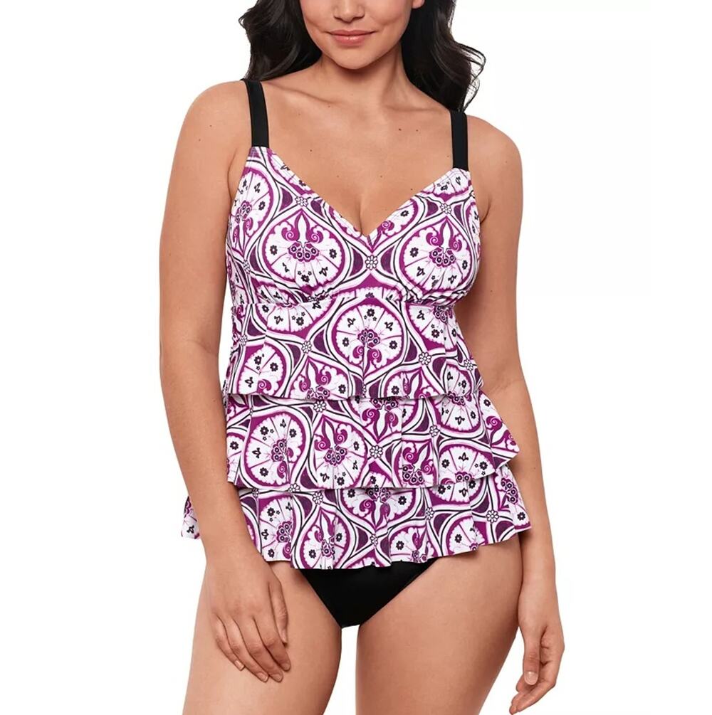 Swim Solutions Women Magenta Tile Printed Tiered One-Piece Swimsuit Size US 14 - Picture 1 of 6